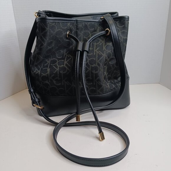 Calvin Klein Bucket Bag Black Initial Canvas Gabrianna Cross Body Faux Leather - Picture 12 of 12